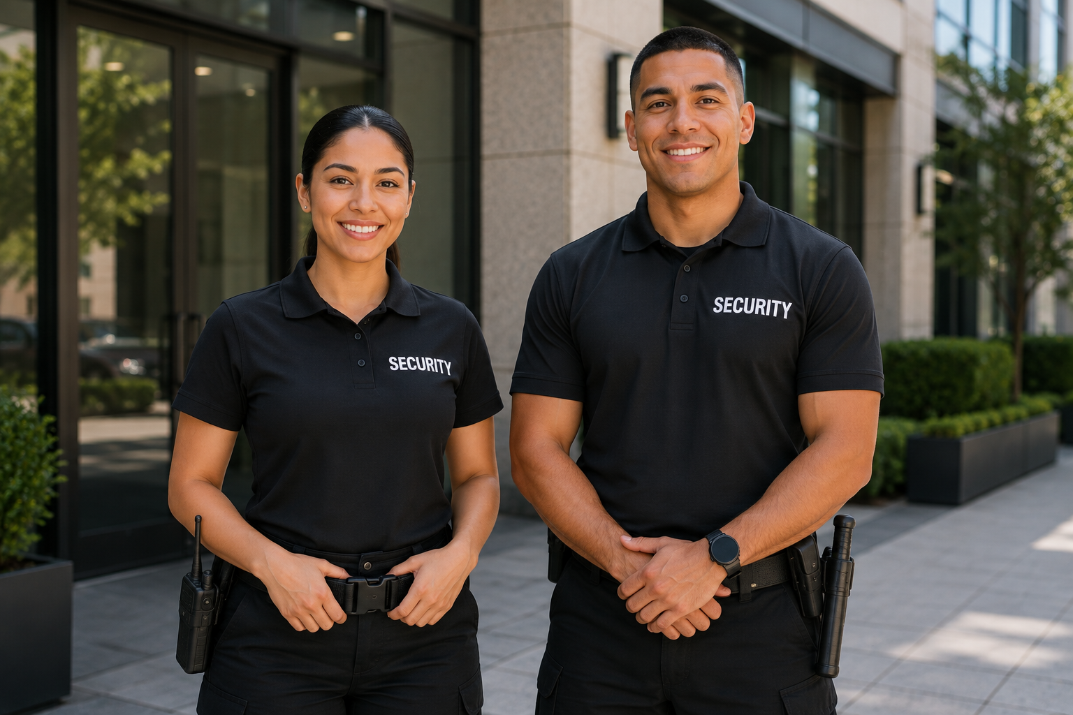 Two Texas Protection Force licensed security officers in uniform outside a commercial building
