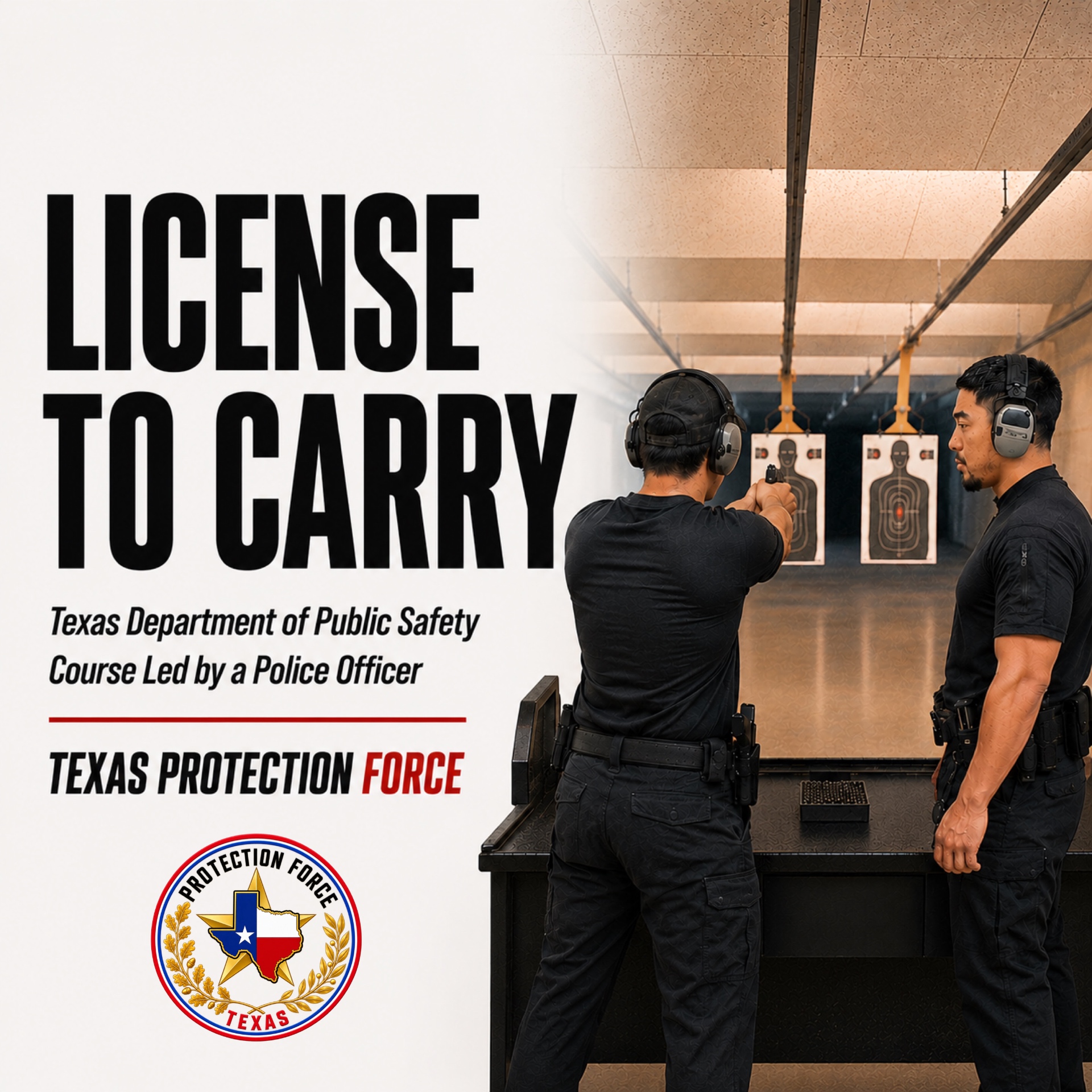 Texas License to Carry student receiving one-on-one handgun instruction on the range
