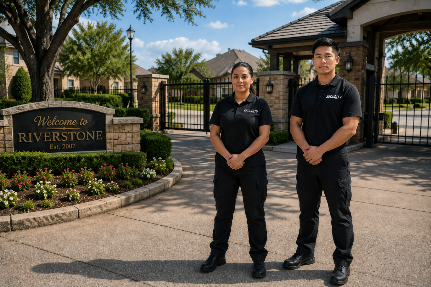 Texas Protection Force unarmed security officer posted at the entrance of a Houston apartment community