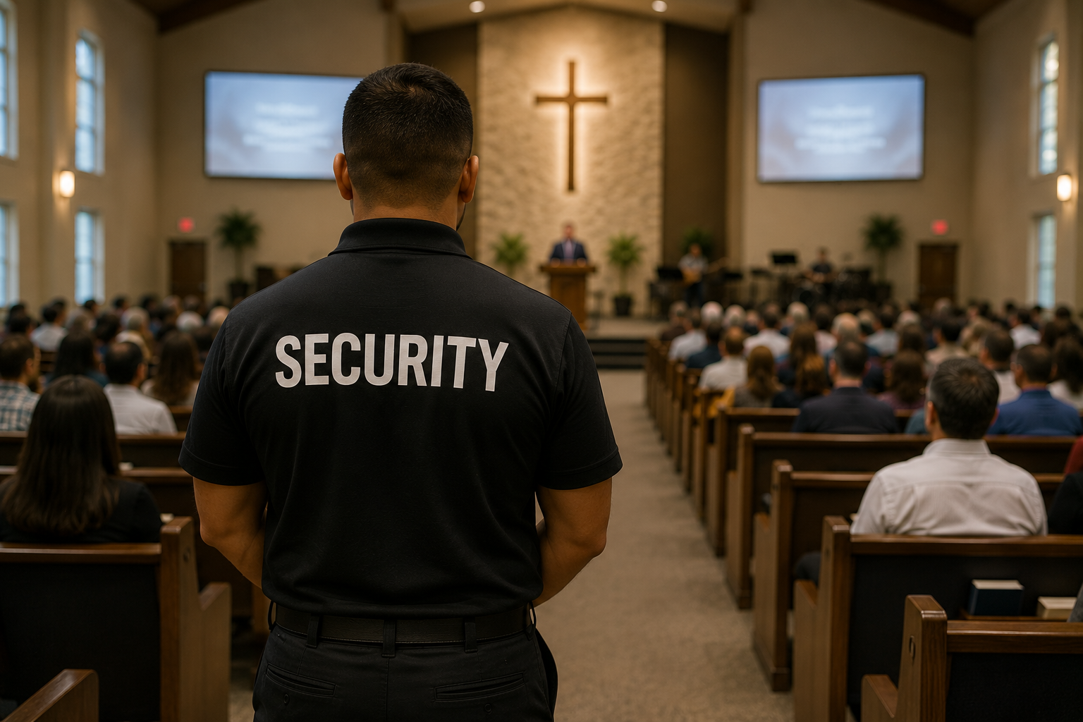 Church security officer providing safety coverage at a Houston-area church