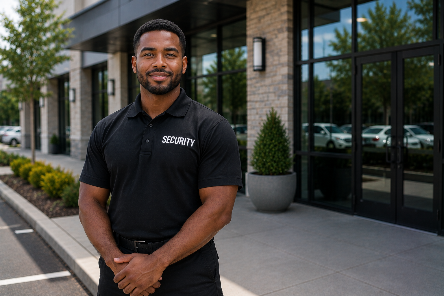 Uniformed Texas Protection Force unarmed security officer posted in a Houston commercial office building lobby