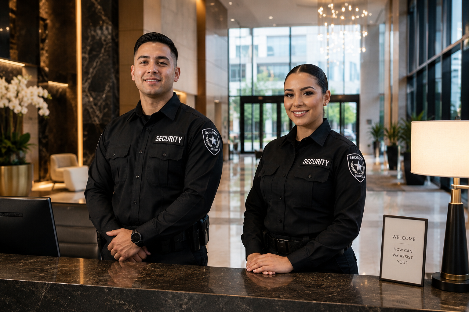 Two licensed unarmed Texas Protection Force security officers at a corporate lobby front desk