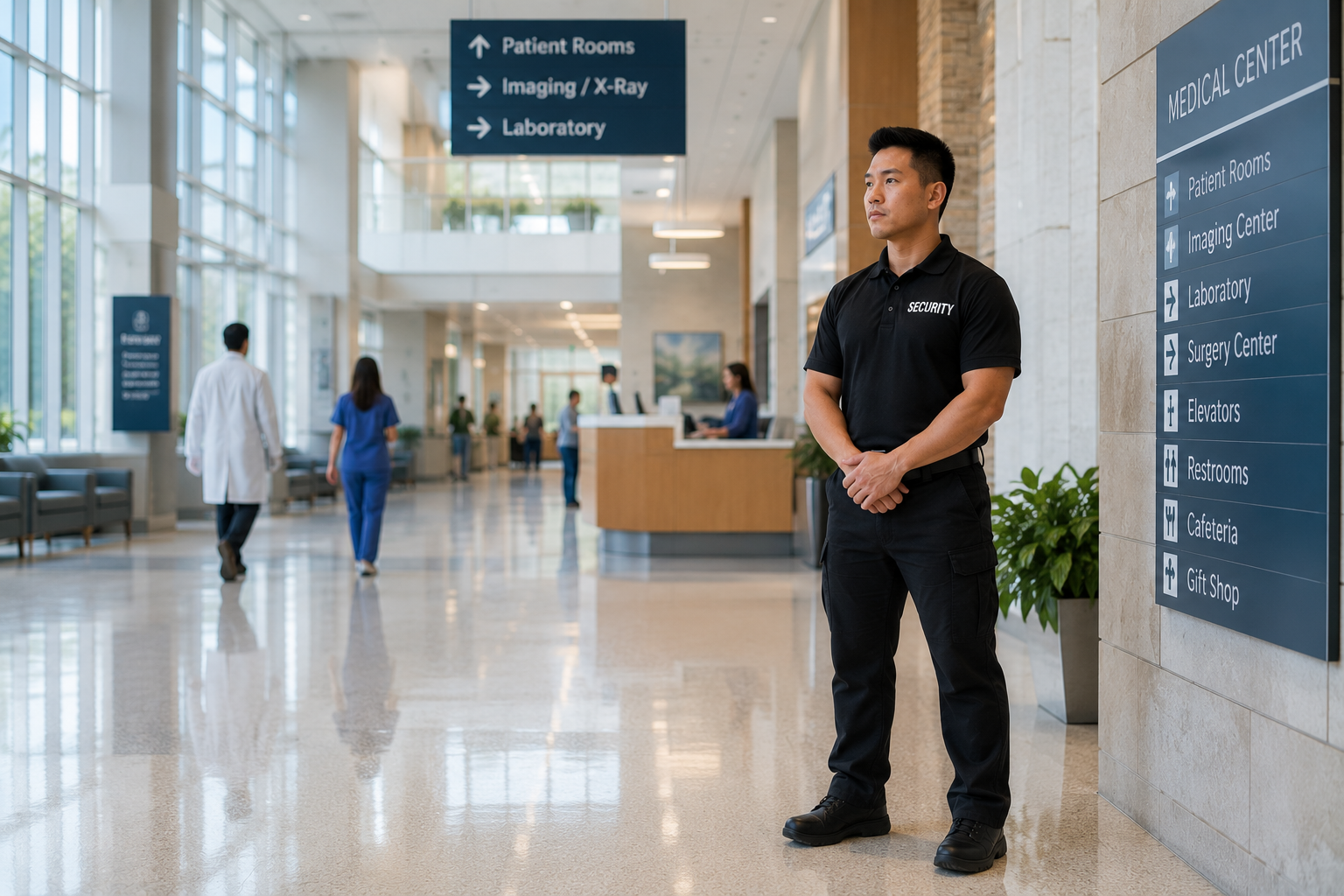 Texas Protection Force security officer in a hospital lobby near the emergency entrance