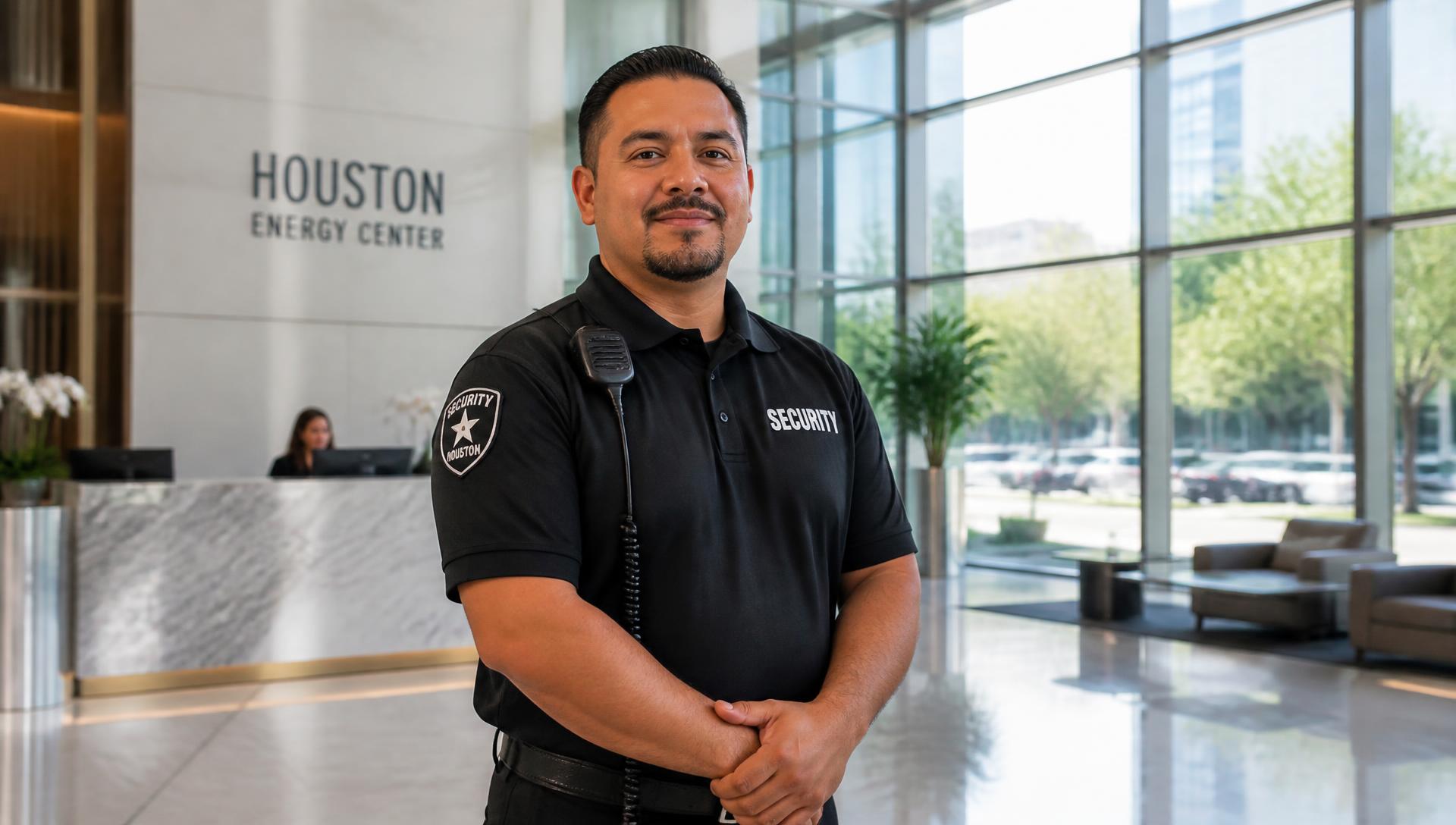 Unarmed Texas Protection Force security officer on post in a modern Houston office building lobby