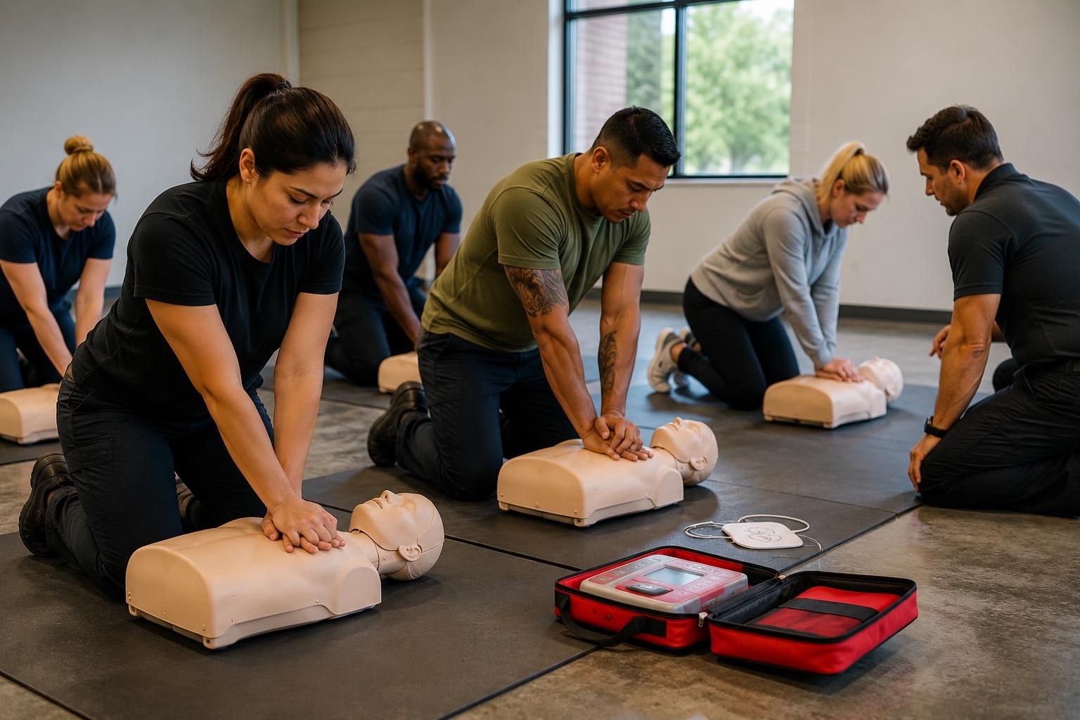 American Red Cross First Aid CPR AED training class practicing compressions on manikins