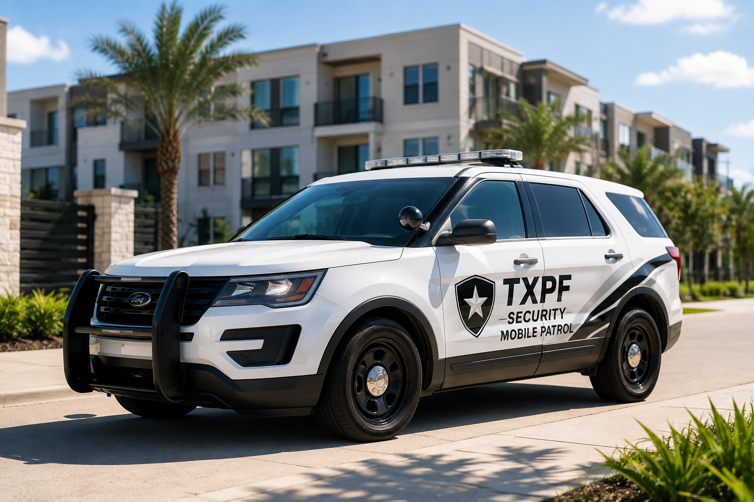 Marked TXPF security mobile patrol SUV parked at a Houston apartment community