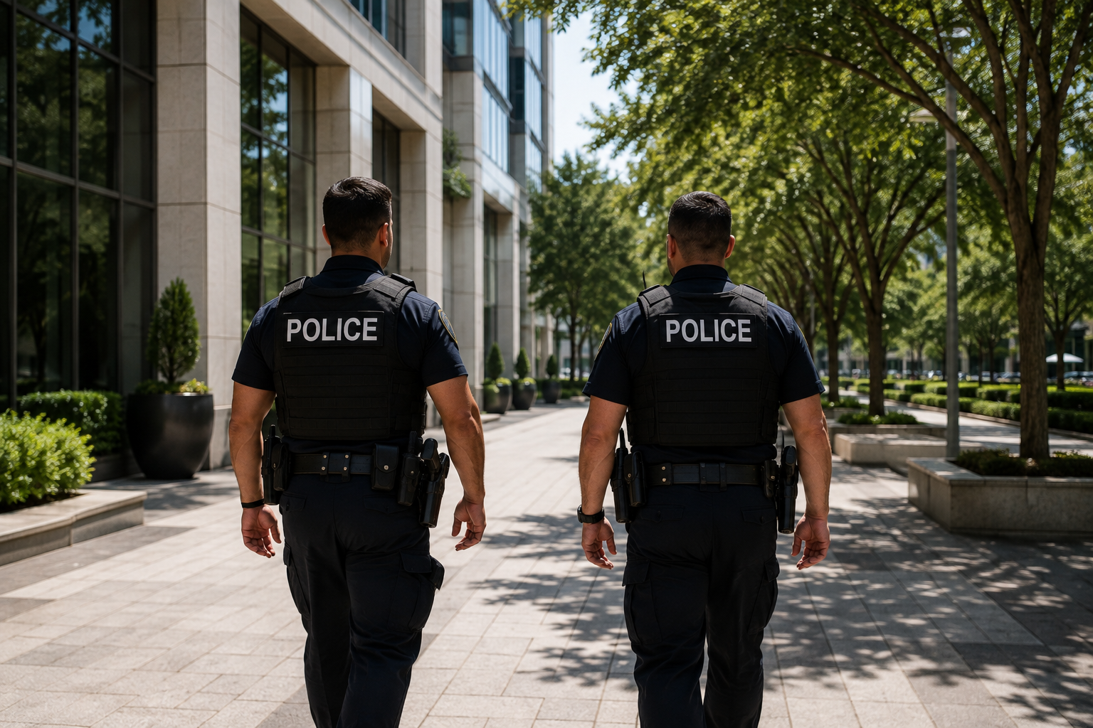 Two Texas Peace Officers in POLICE vests on foot patrol through a Houston commercial district