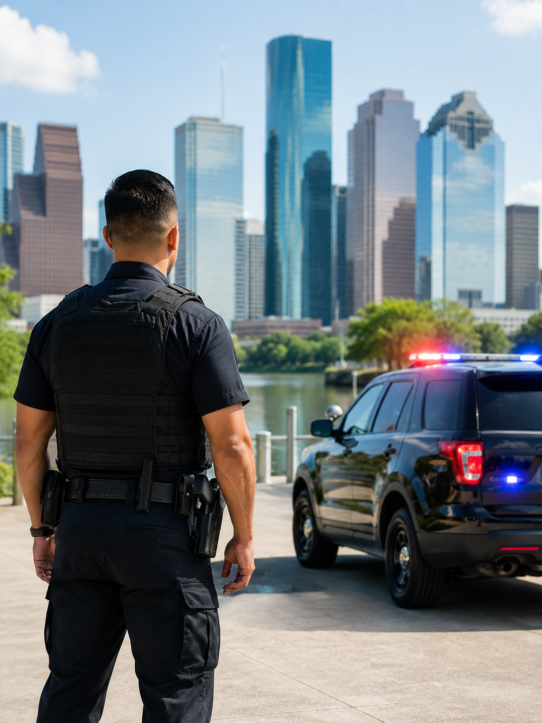Texas Protection Force security officer with patrol vehicle and the Houston skyline at dusk