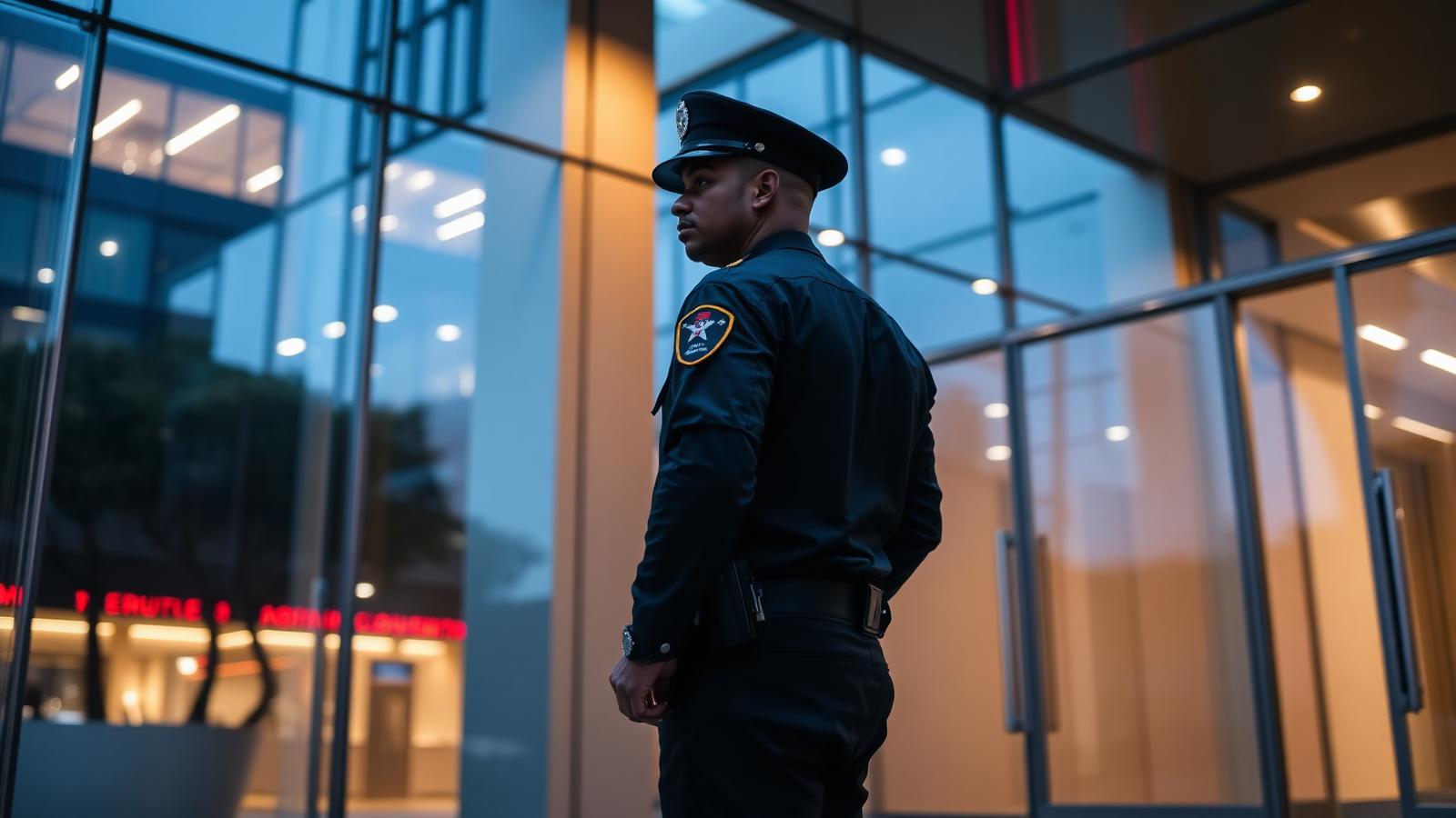 Licensed security officer standing watch at the entrance of a Houston commercial building