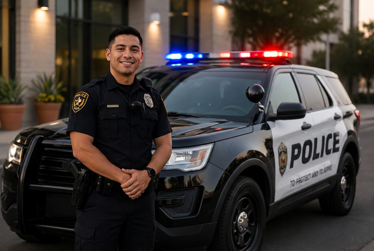 Off-duty Texas peace officer standing beside a marked patrol vehicle with emergency lights activated