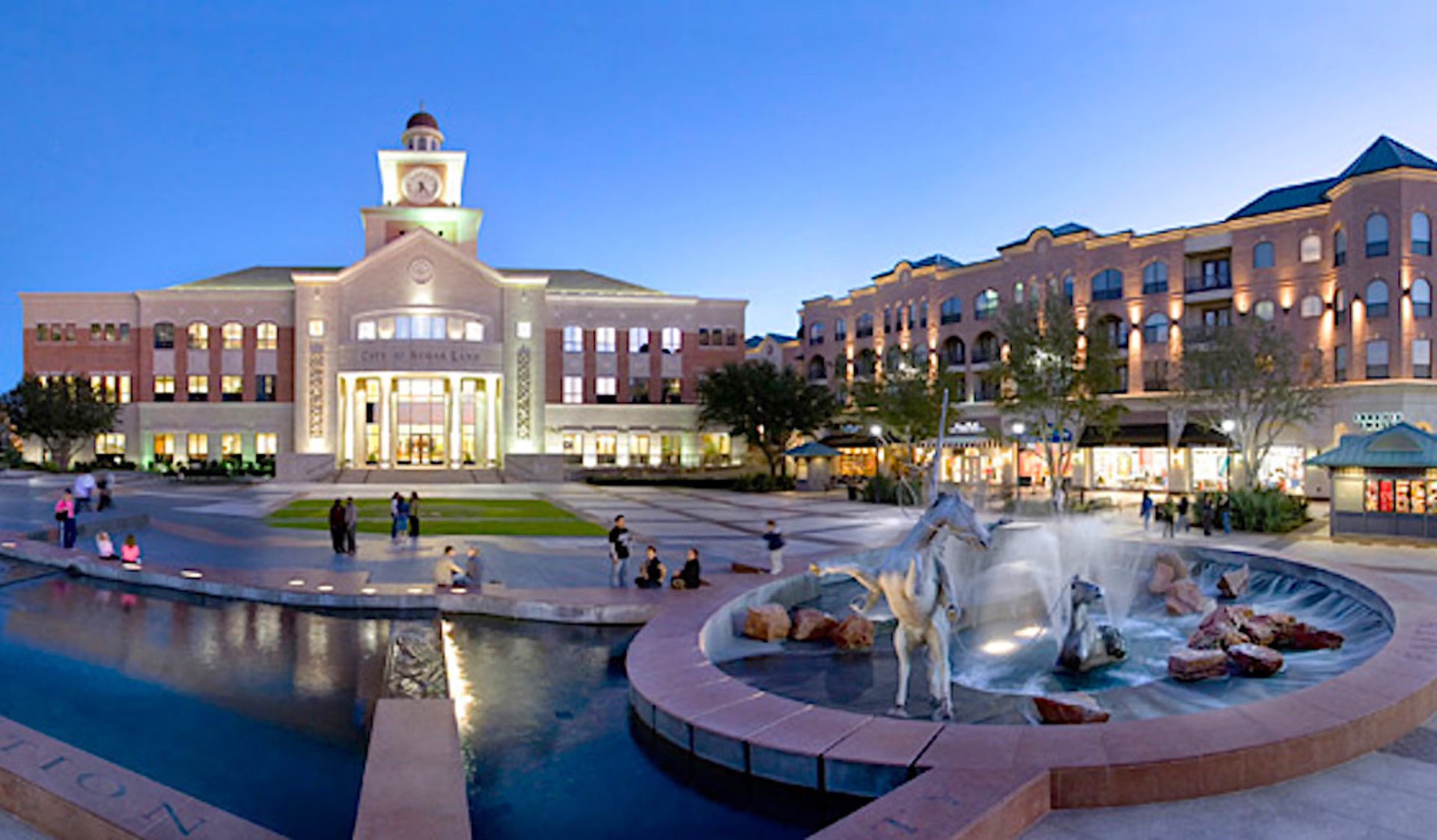 Sugar Land Town Square and City Hall at dusk, Sugar Land, Texas