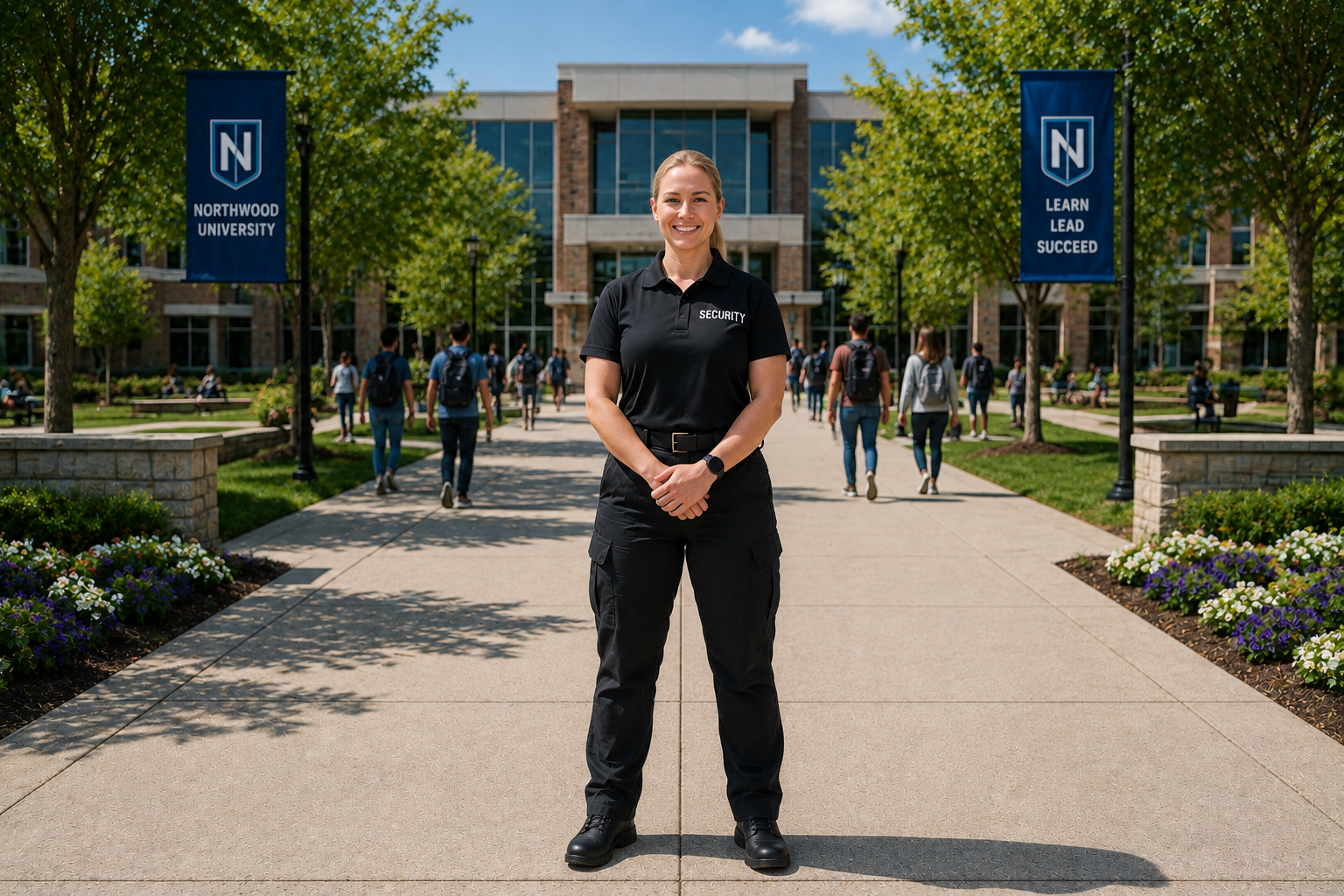 Texas Protection Force campus security officer monitoring students in a school hallway