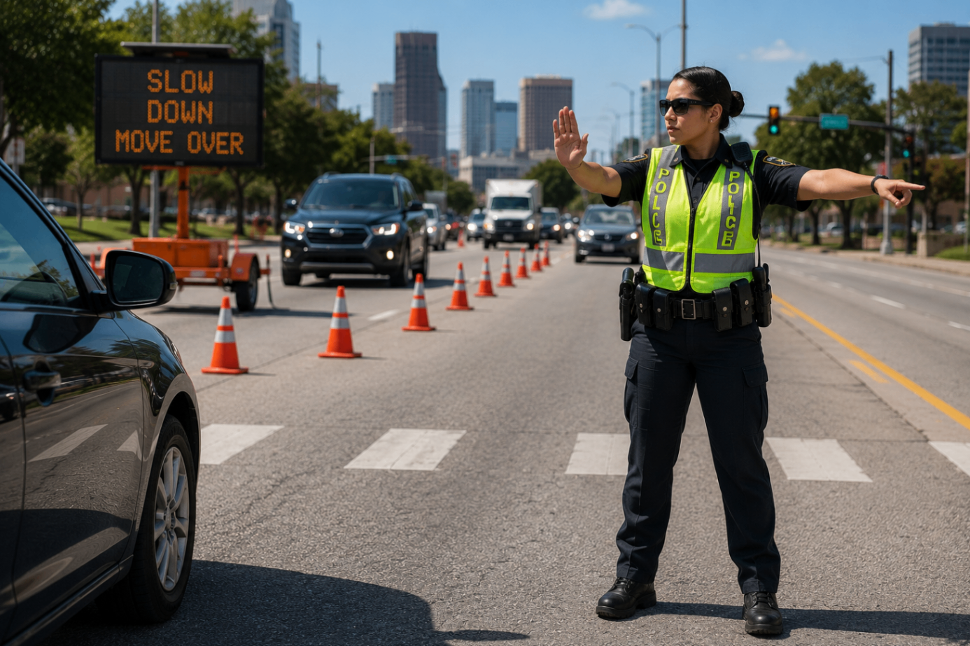 Off-duty Texas peace officer directing vehicle traffic at a Houston commercial property entrance