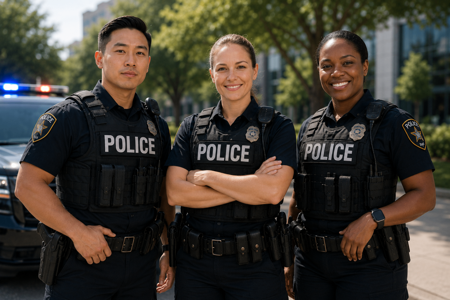 Three off-duty Texas Peace Officers standing beside a patrol vehicle in Houston