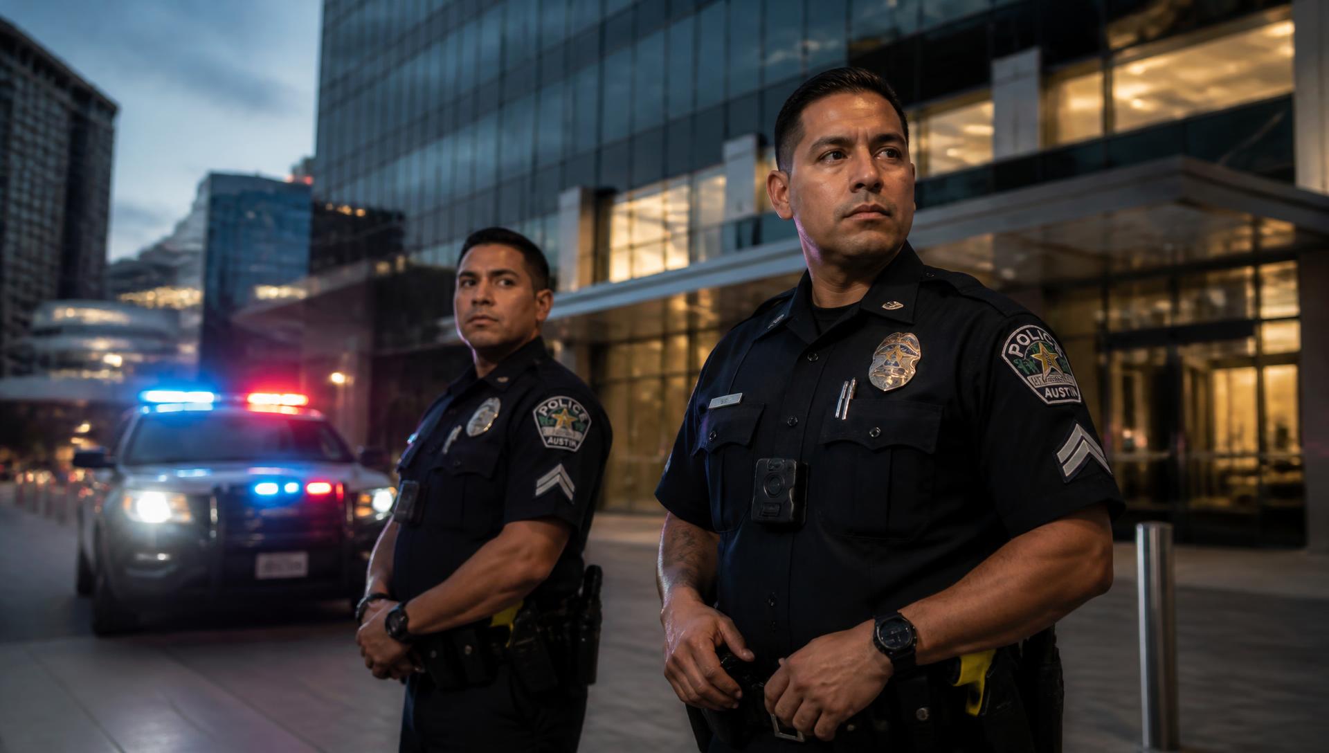 Two off-duty Texas Peace Officers providing security outside a modern Houston commercial building at dusk