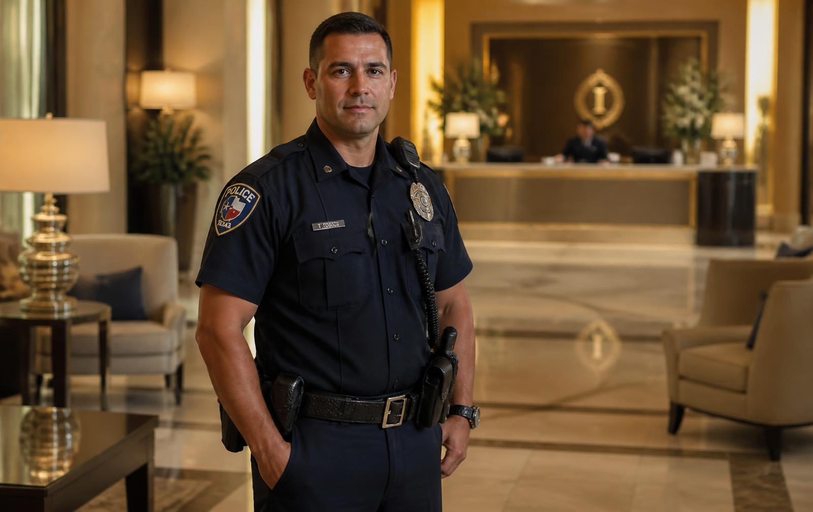 Off-duty Texas Peace Officer providing police coverage in a Houston hotel lobby