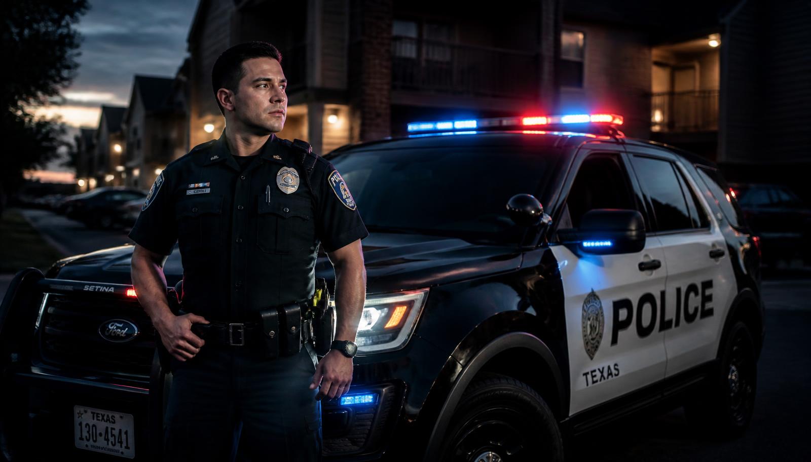Off-duty Texas peace officer beside a marked police patrol vehicle with emergency lighting
