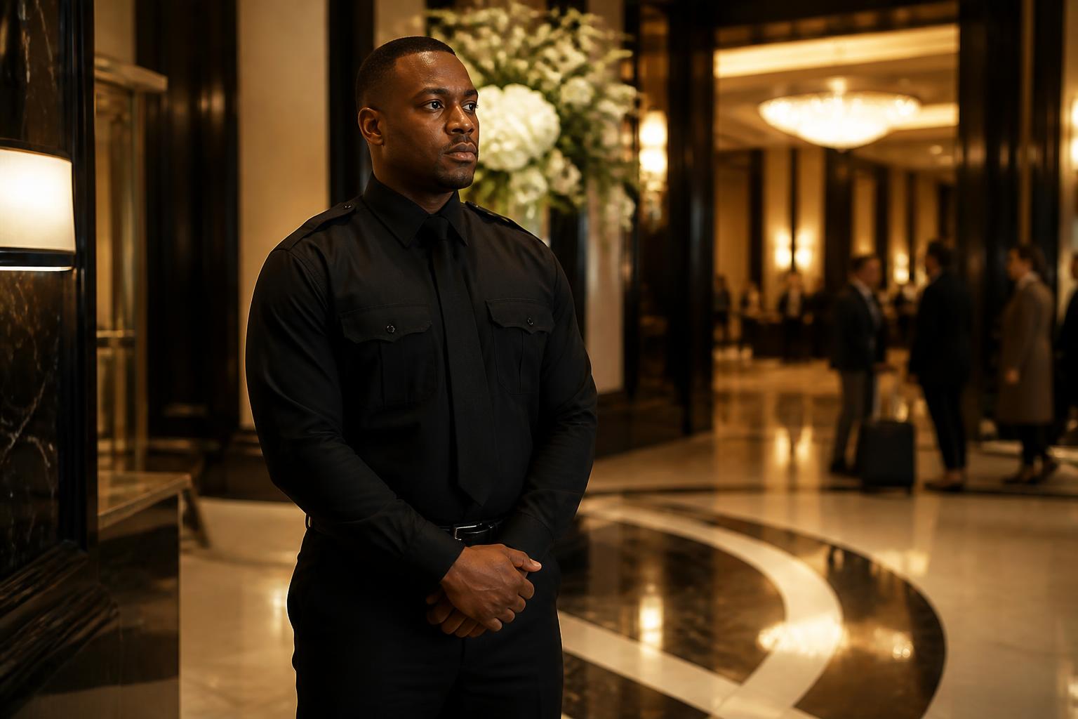 Texas Protection Force unarmed security officer posted in the lobby of an upscale Houston hotel