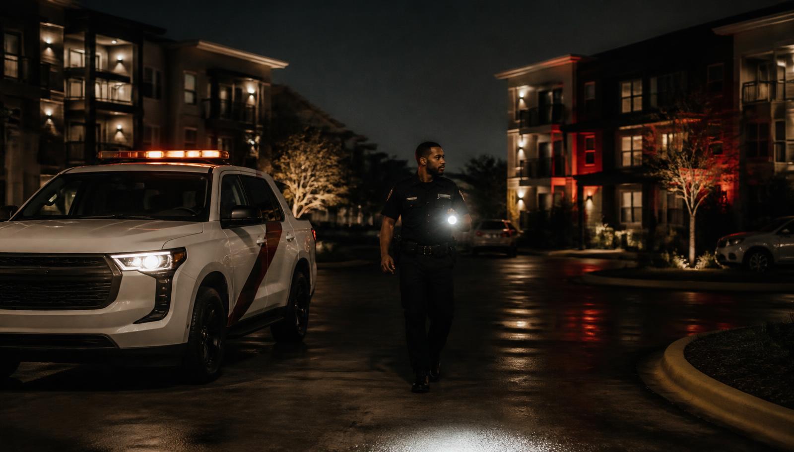 Licensed unarmed Texas Protection Force security officer beside a marked mobile patrol vehicle