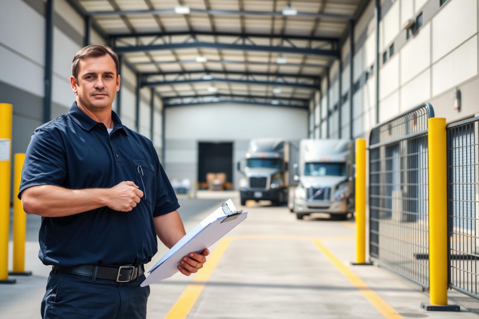 Texas Protection Force unarmed security officer at the entrance of a Houston warehouse distribution center near loading docks