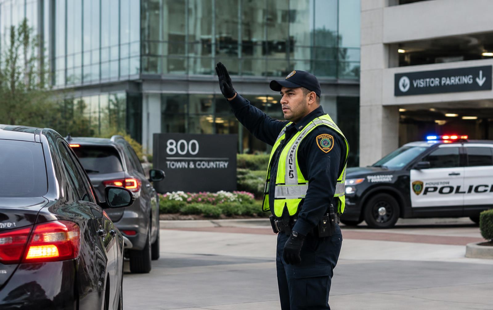 Off-duty Texas peace officer directing vehicle traffic outside a Houston commercial property and parking garage